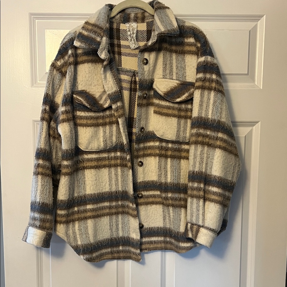 Sadie & Sage Striped Button Down Shirt - Cream, Brown, Gray